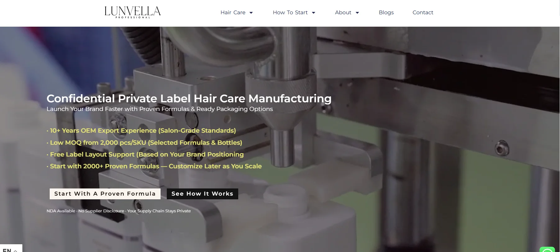 Private label hair care manufacturing service promotional page with details on OEM experience and customization options.